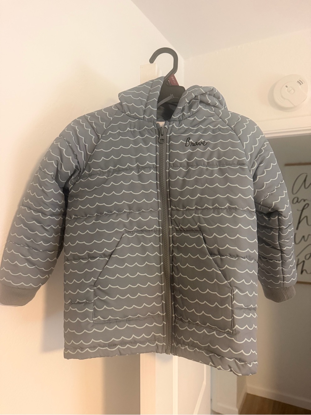 Kids Grey Hooded Puffer Jacket with Wave Print